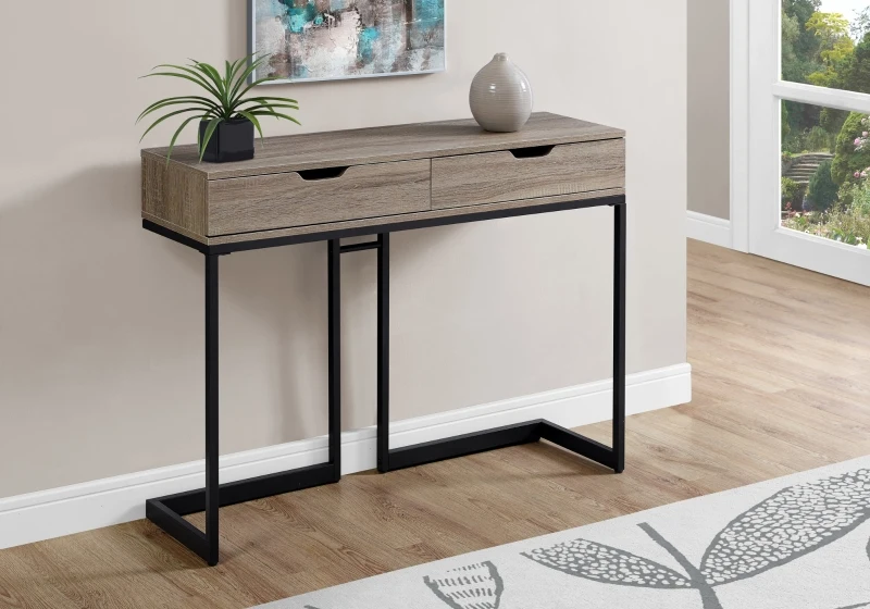 Monarch 42" Contemporary Accent Hall Sofa Console Table with 2 Drawers and Angular Metal Base - Dark Taupe Wood Grain-Look / Black Metal Base