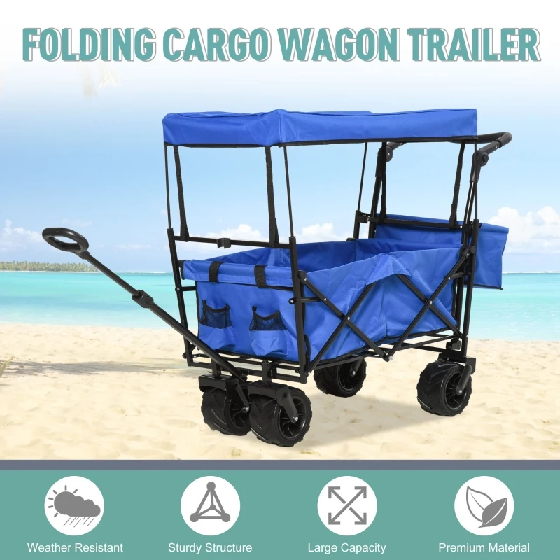 DURHAND Folding Push Pull Collapsible Wagon with Canopy and All-Terrain Wheels, Utility Rolling Cart Stroller for Beach and Shopping, Blue