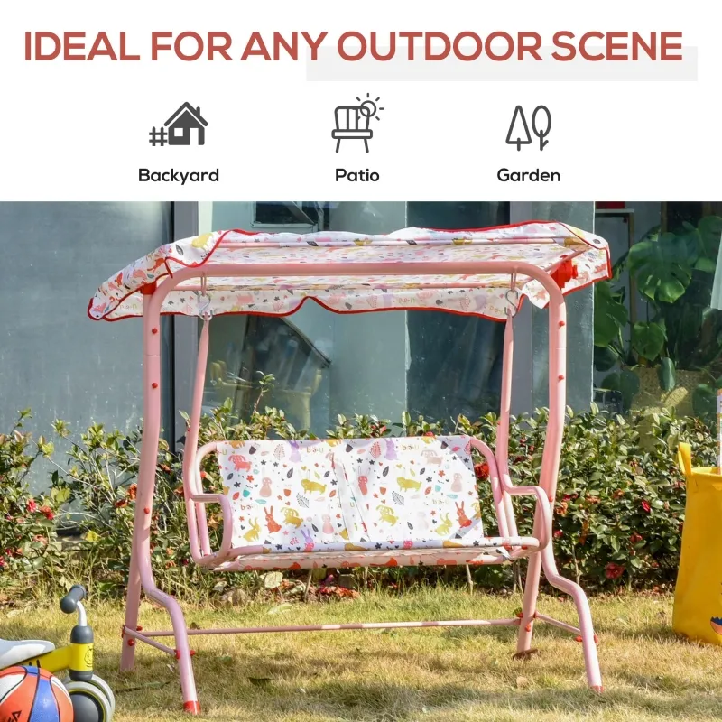 Outsunny Kids Porch Swing, Outdoor 2-Seat Patio Chair, Toddler Glider with Adjustable Canopy, Seat Belt for Garden Backyard Rabbit Pattern