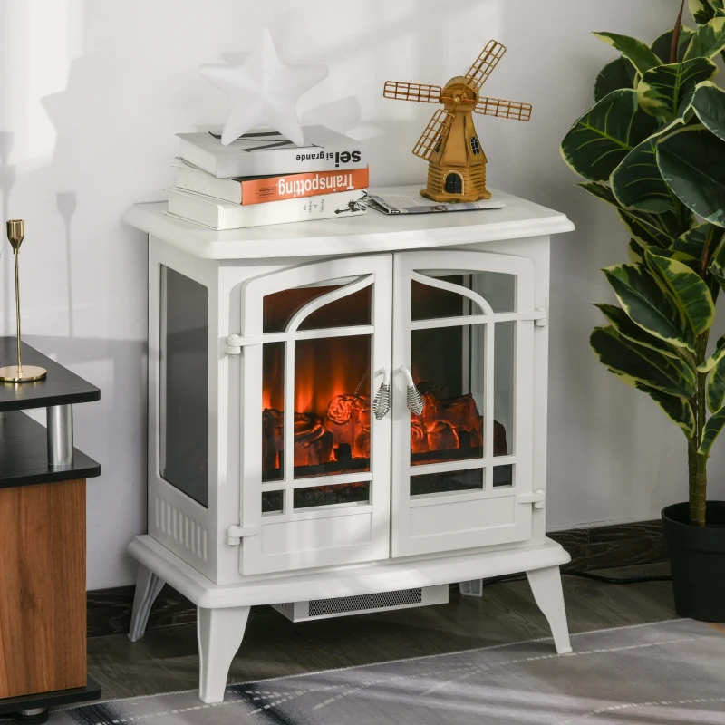 HOMCOM Electric Fireplace Heater, Fireplace Stove with Realistic LED Flames and Logs, Remote Control and Overheating Protection, 1400W, White