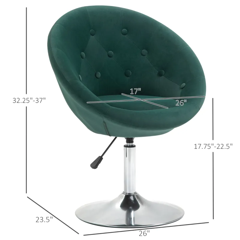 HOMCOM Modern Makeup Vanity Chair Round Tufted Swivel Accent Chair with Chrome Frame Height Adjustable for Living Room, Bedroom Green