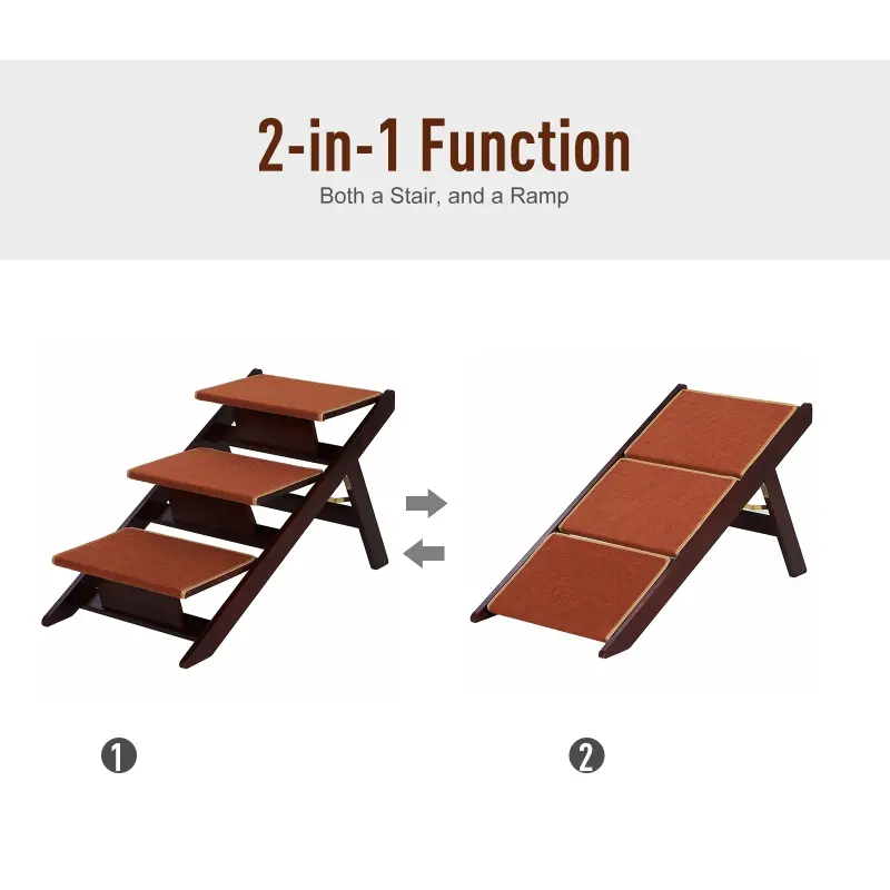 PawHut Wooden 2-in-1 Portable Folding Safety Pet Stairs / Ramp for Dogs and Cats