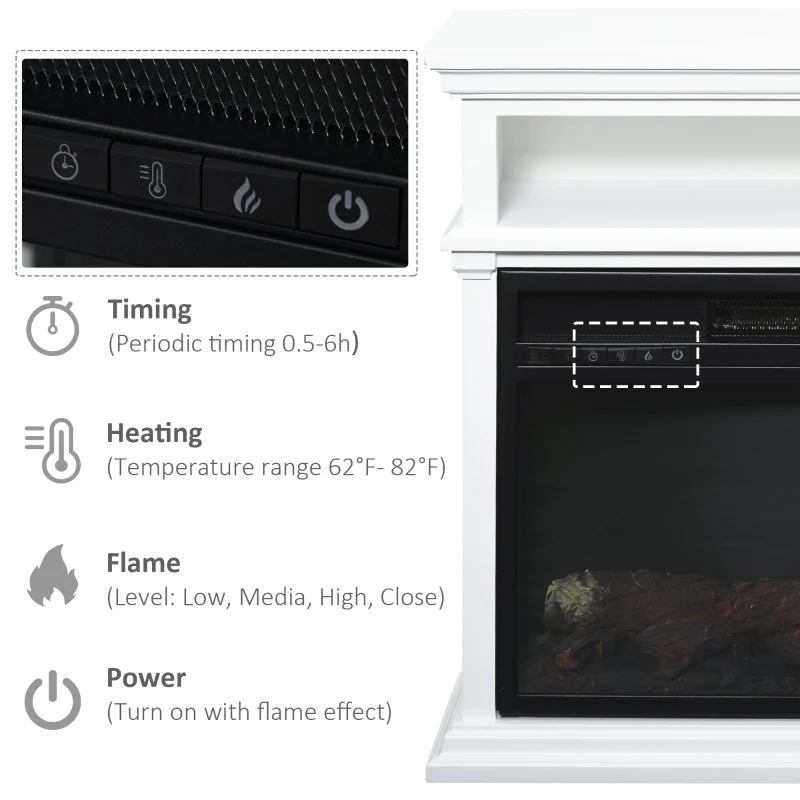 HOMCOM Electric Fireplace with Shelf, Storage Rack, Side Console Table, LED Log Flame, Auto Cut-Off, Remote Control, White