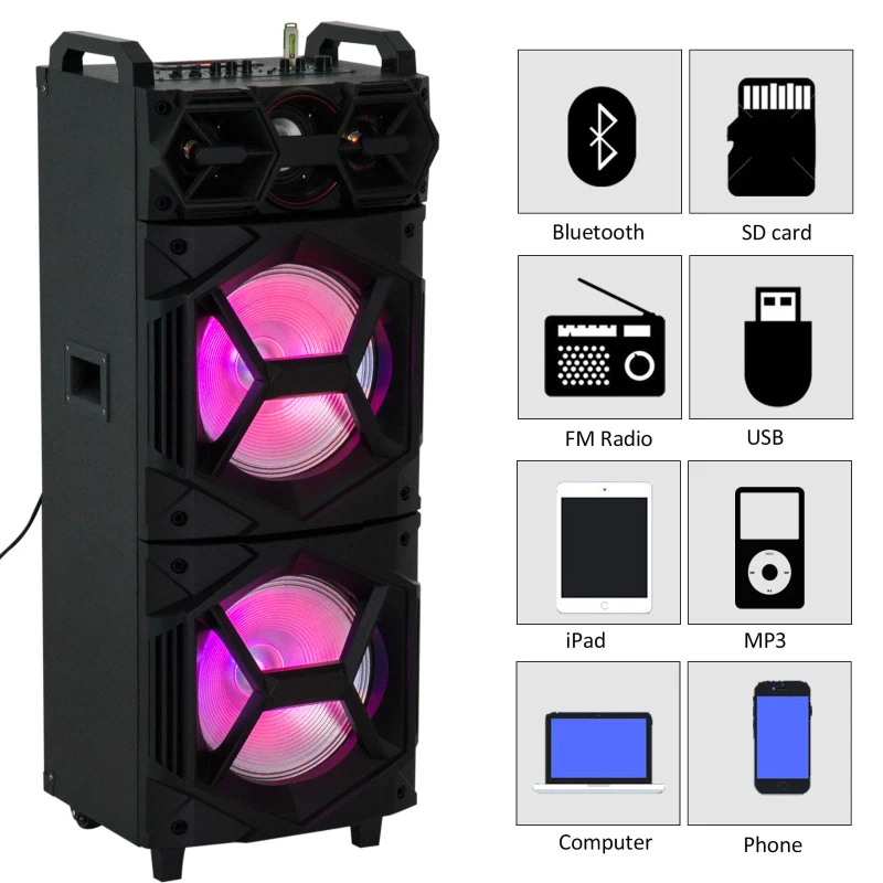 HomCom 37" 80 Watt Portable LED Wireless Bluetooth Compatible Dual Speaker Stereo with Wheels