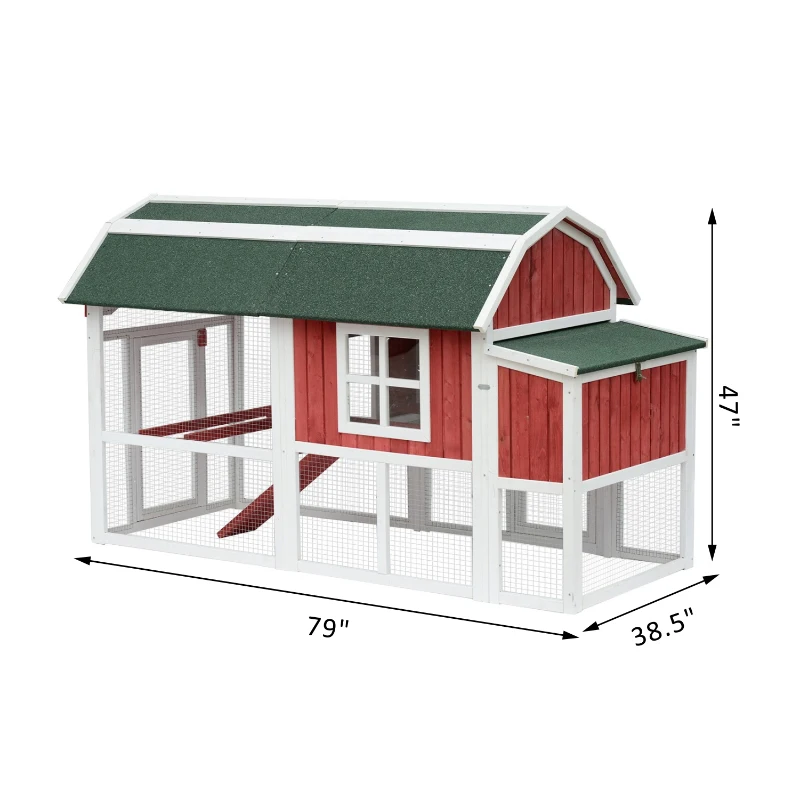PawHut 47" Barn Backyard Chicken Coop With Covered Run And Nesting Box