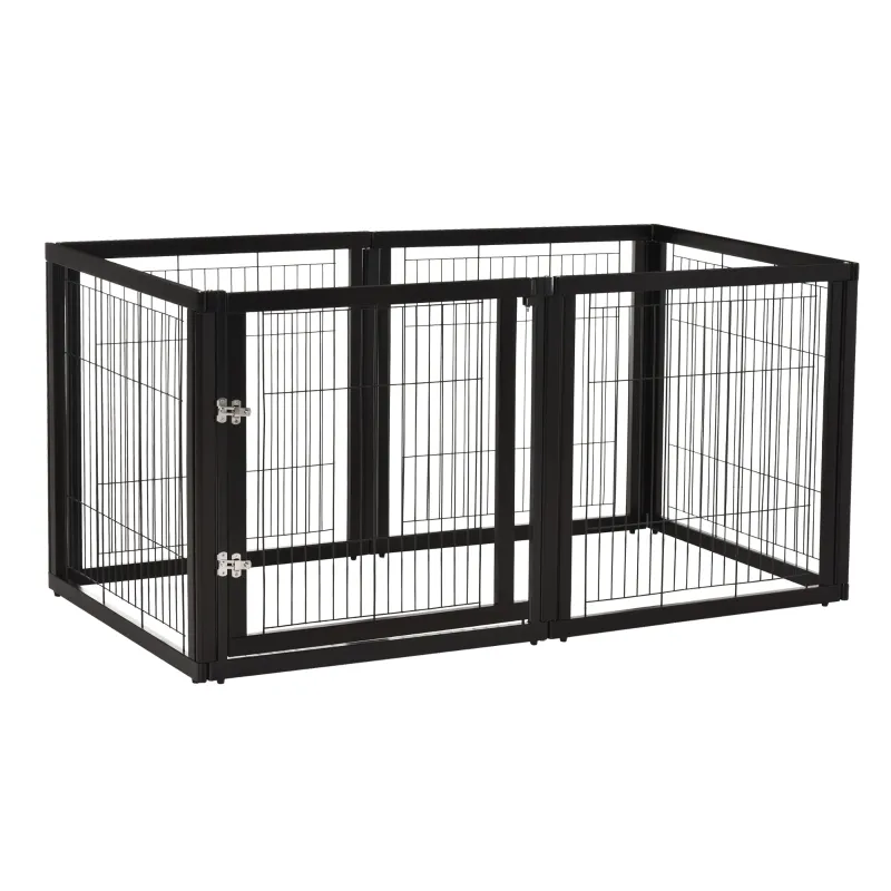 PawHut Transformable Pet Playpen 6 Freestanding Panels Gate Fireplace Christmas Tree Fence Stair Barrier Room Divider with Walk Through Door Wooden Frame Metal Mesh Black 63'' x 54.5'' x 31.5''