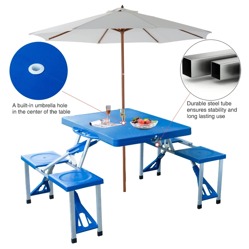 Outsunny 53" Camping Table and Chairs, Foldable with 4 seat Plastic Portable Compact Suitcase, Camping Table Set with Umbrella Hole, Blue