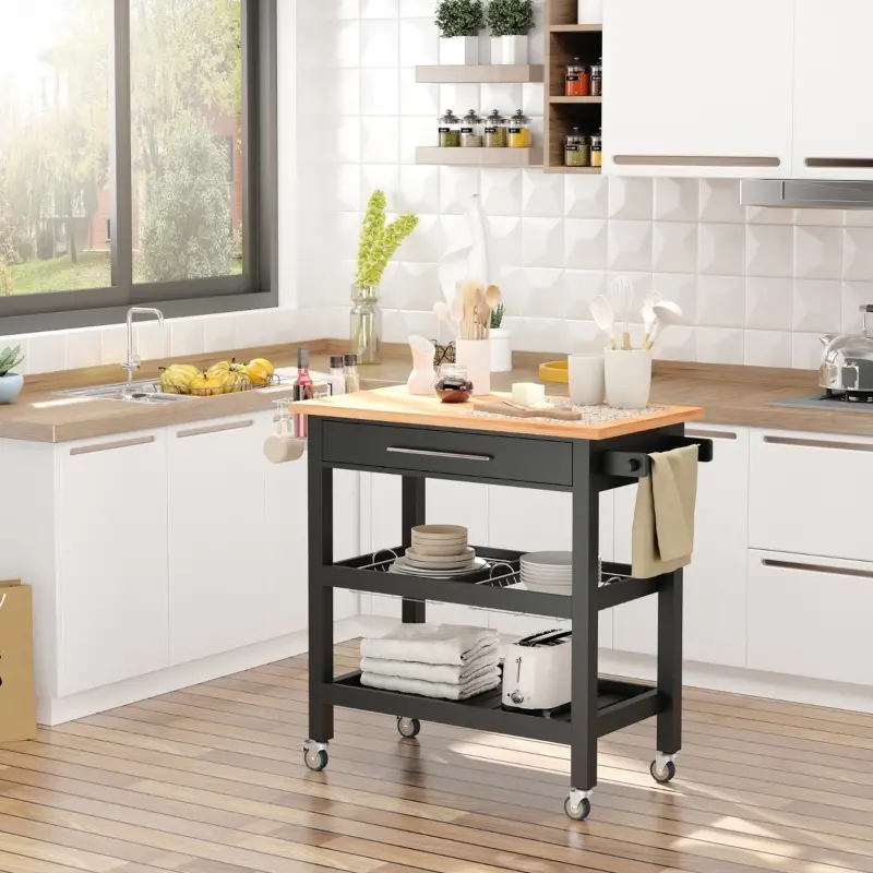 HOMCOM Rolling Mobile Kitchen Island Cart with Granite & Bamboo Countertop, Knife Rack, Integrated Spice Rack & Storage Drawer