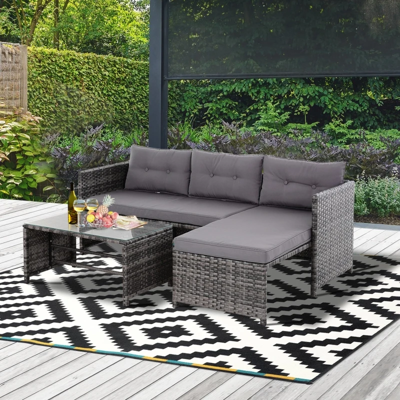 Outsunny 3 Piece Patio Furniture Set, Rattan Outdoor Sofa Set with Chaise Lounge & Loveseat, Soft Cushions, Tempered Glass Table, L-Shaped Sectional Couch, Gray