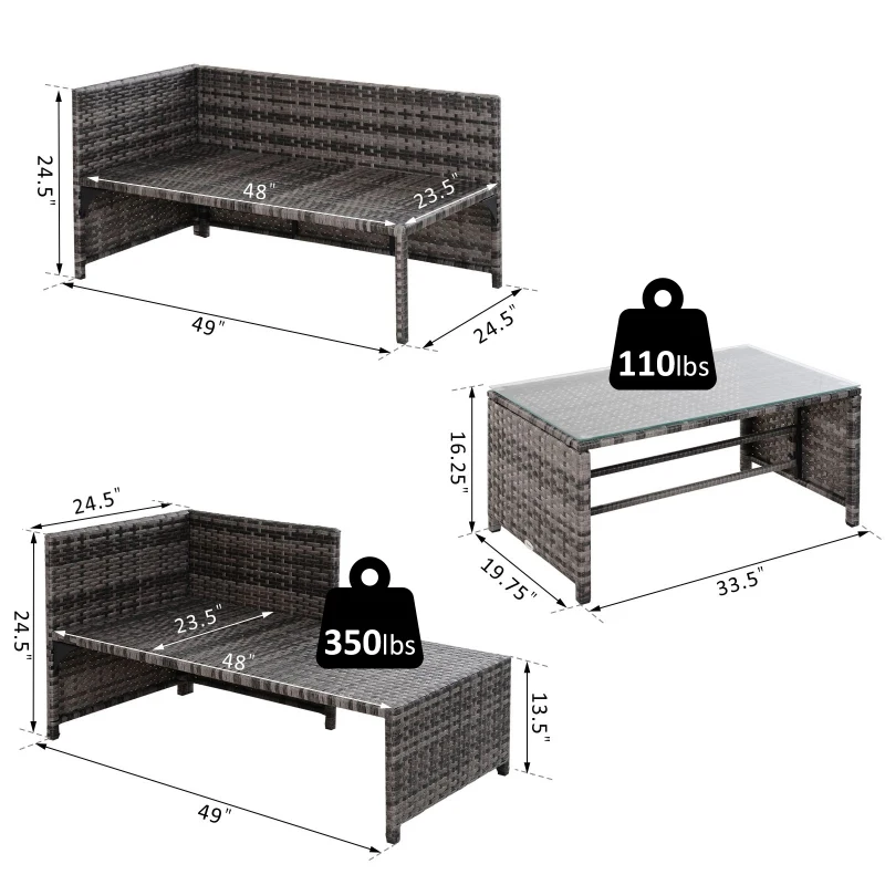 Outsunny 3 Piece Patio Furniture Set, Rattan Outdoor Sofa Set with Chaise Lounge & Loveseat, Soft Cushions, Tempered Glass Table, L-Shaped Sectional Couch, Gray
