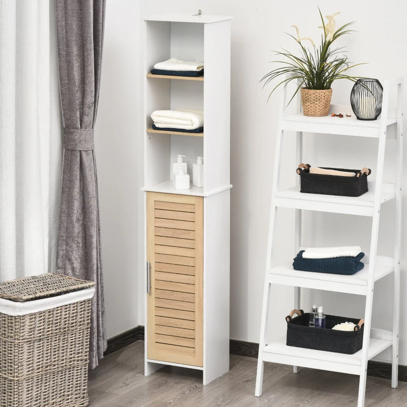 kleankin Tall Bathroom Floor Cabinet, Freestanding Linen Tower with Adjustable Shelf and Cupboard, Narrow Side Storage Organizer, Natural Wood