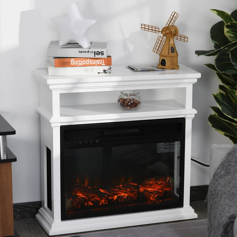 HOMCOM Electric Fireplace with Shelf, Storage Rack, Side Console Table, LED Log Flame, Auto Cut-Off, Remote Control, White