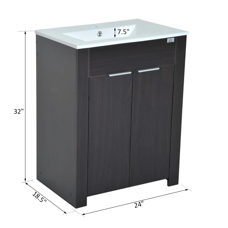 HomCom 24" Modern Full Size Ceramic Sink Vanity Storage Cabinet- Dark Coffee Woodgrain