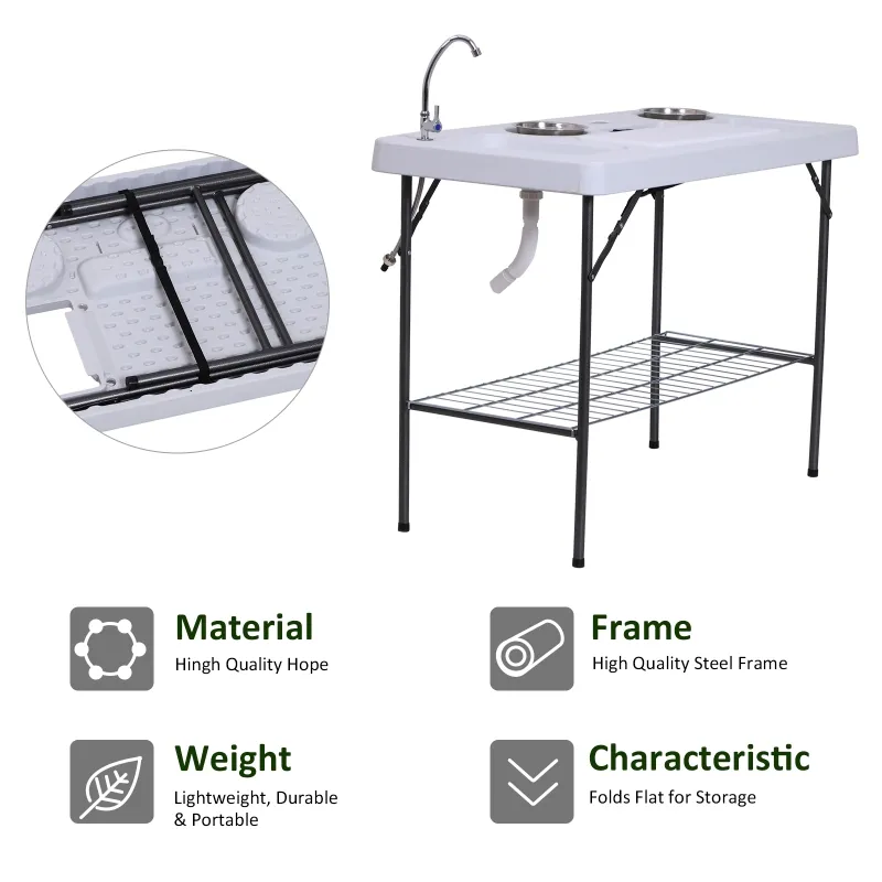 Outsunny 50" Portable Folding Camping Table with Sink, Faucet, Dual Stainless Steel Basins, and Accessories for Fish Cleaning