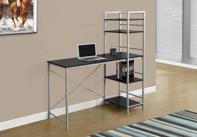 Monarch 48" Contemporary Open Concept Computer Desk with Shelves - Cappuccino / Silver Metal