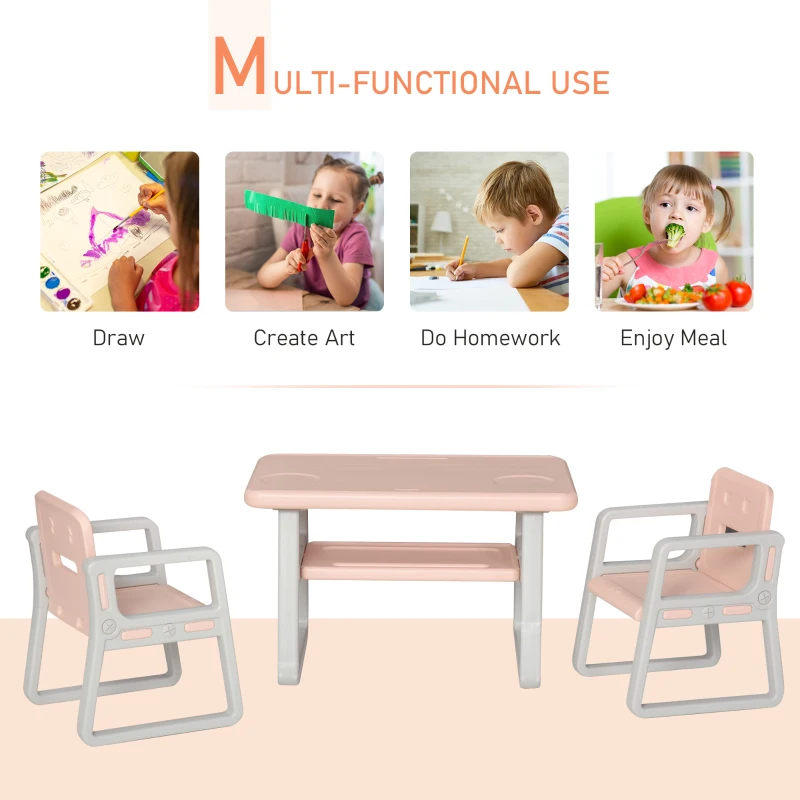 Qaba 3-Piece Kids Table and Chair Set Writing Desk with Armrest, Storage Space for Toddler Activities, Pink