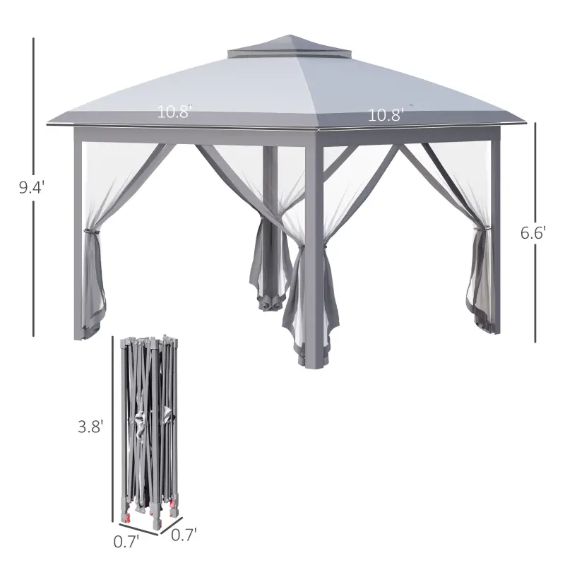 Outsunny 11' Pop-Up Tent Gazebo w/ Netting, Grey