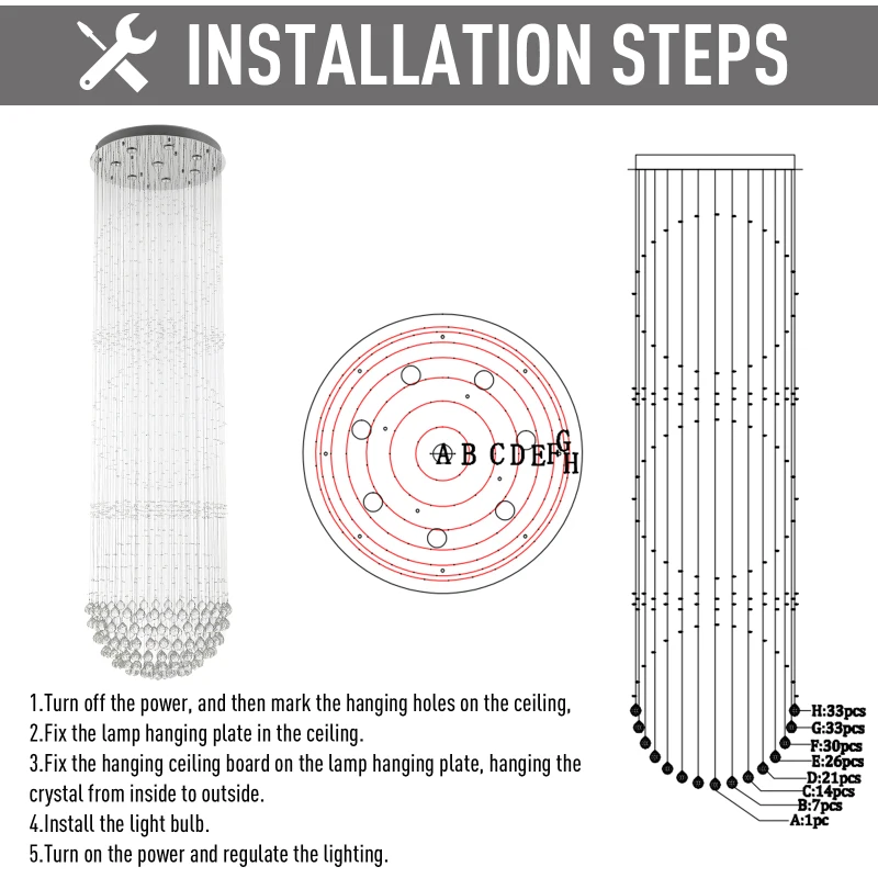 HOMCOM K9 Crystal Glass Fixture Raindrop Chandelier with Stainless Steel Board GU10 Bulb Compatible
