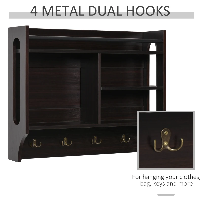HOMCOM Wall-Mounted Floating Storage Shelf with 4 Storage Units and 4 Dual Hooks, Espresso