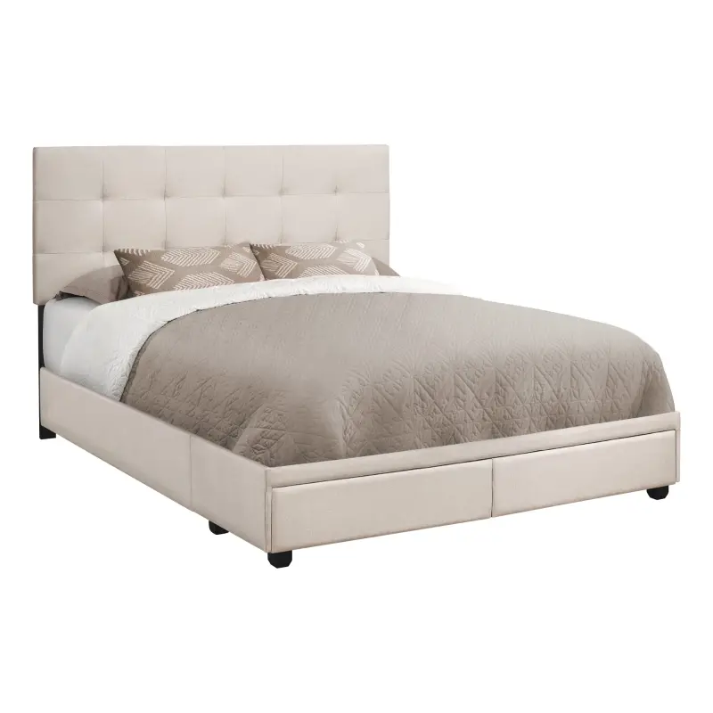 Monarch Queen Size Platform Bed Frame and Tufted Headboard with 2 Storage Drawers - Beige Linen