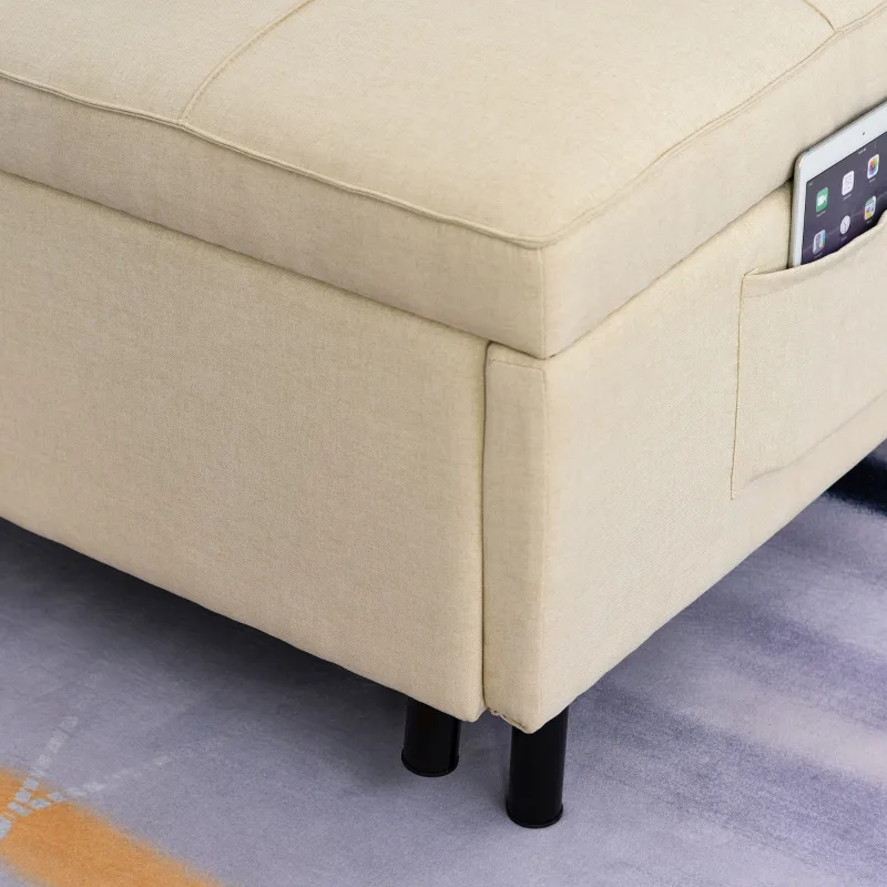 HOMCOM 2-In-1 Design Convertible Single Sofa Bed with Side Pocket and Metal Frame Couch for Living Room, Beige