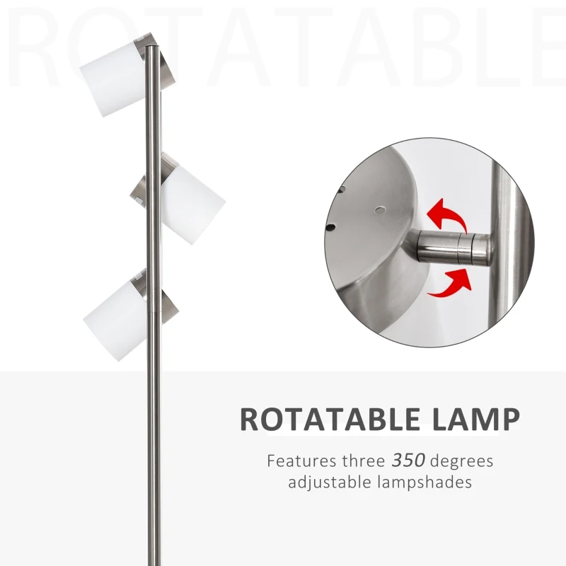 HOMCOM Floor Lamp, Modern Standing Light with 3 Rotating Lights for Living Room, Bedroom, Office, Silver