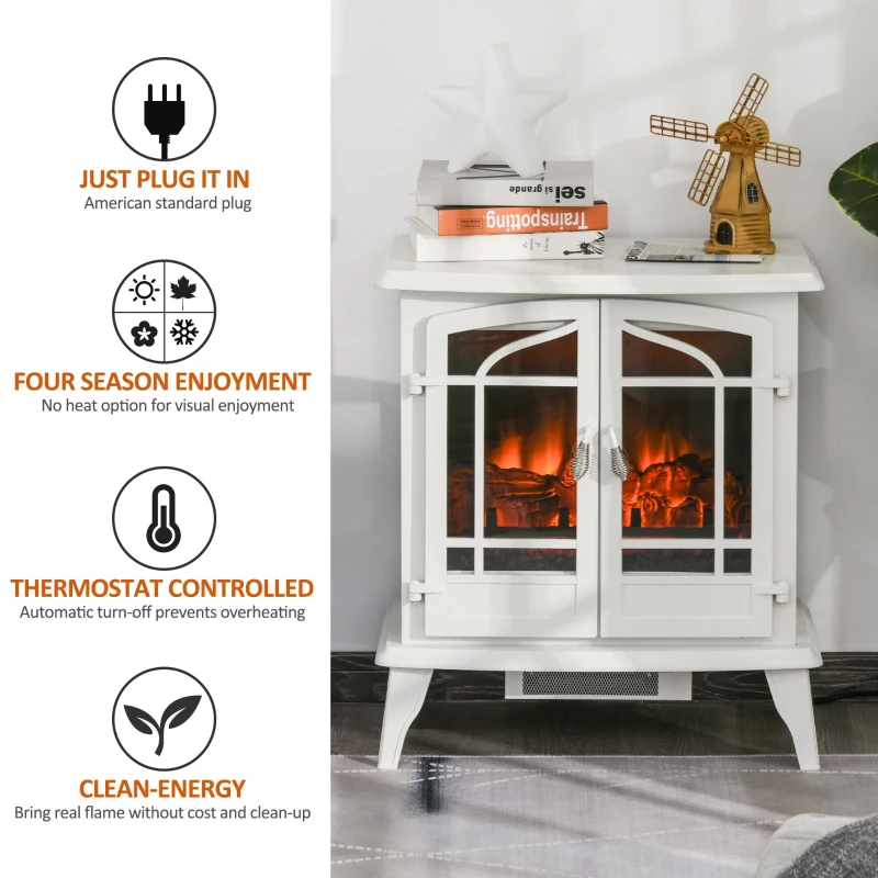 HOMCOM Electric Fireplace Heater, Fireplace Stove with Realistic LED Flames and Logs, Remote Control and Overheating Protection, 1400W, White