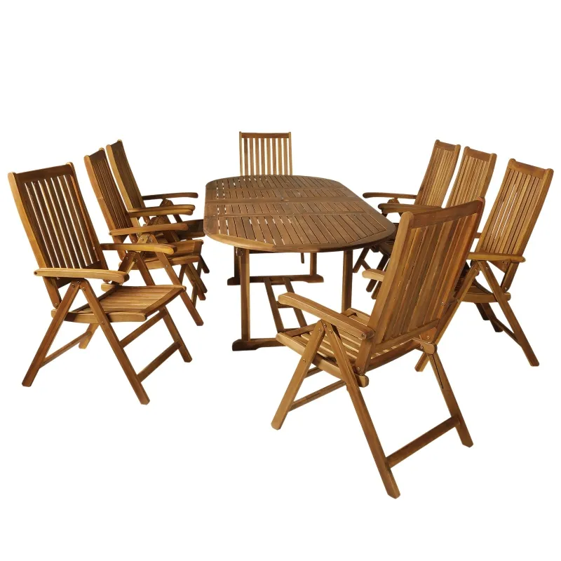 Outsunny Acacia Wood 9 Piece Extendable Oval Patio Dining Table Set
