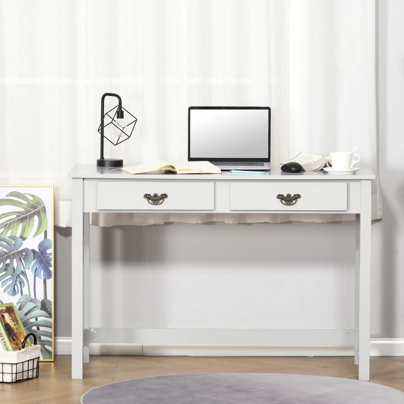 HOMCOM Study Writing Desk Computer Table Workstation with Removable Shelf, 2 Drawers, and Wide Tabletop, Grey