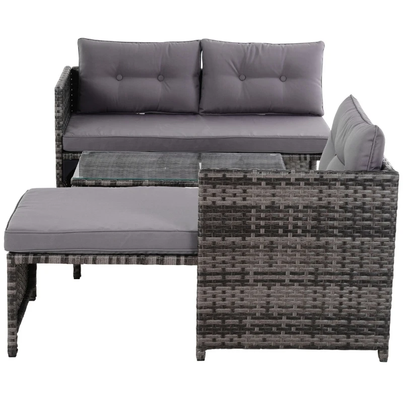 Outsunny 3 Piece Patio Furniture Set, Rattan Outdoor Sofa Set with Chaise Lounge & Loveseat, Soft Cushions, Tempered Glass Table, L-Shaped Sectional Couch, Gray