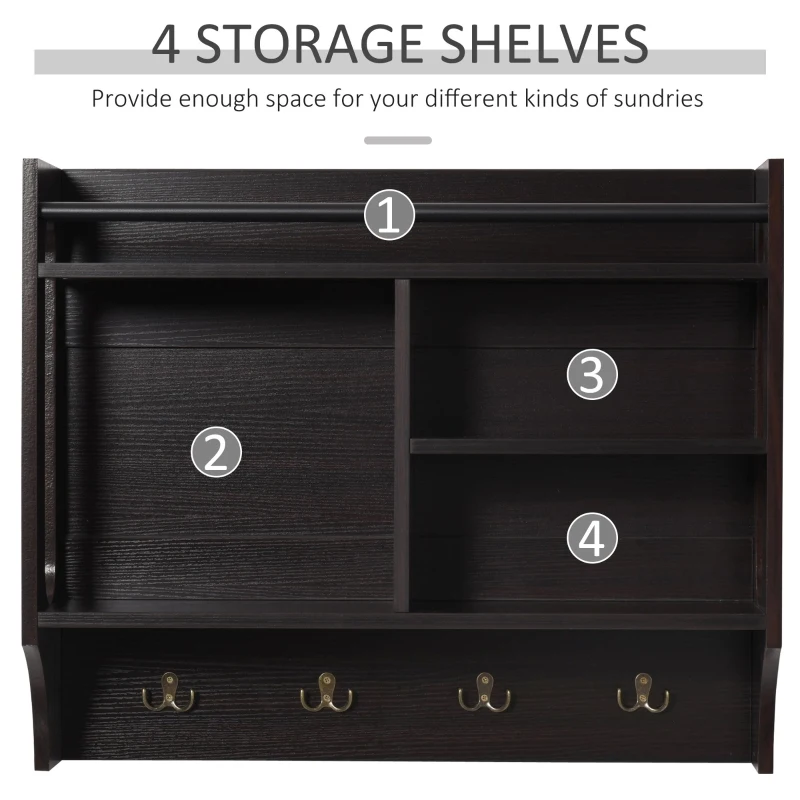 HOMCOM Wall-Mounted Floating Storage Shelf with 4 Storage Units and 4 Dual Hooks, Espresso