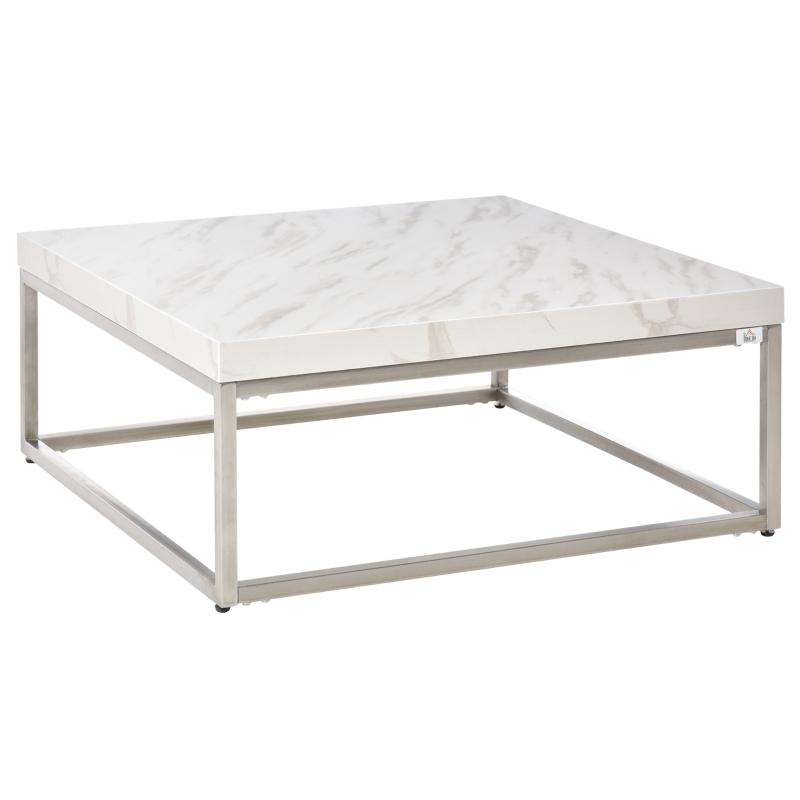 HOMCOM Square Coffee Table with Faux Marble Tabletop, Modern Sofa Side Table with Stainless Steel Frame for Living Room, White