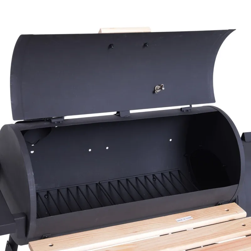 Outsunny Charcoal BBQ, Portable Grill with Wheels, All-in-One Grill, Side vent, Two Shelves and Metal Grating, Lit-Mounted Thermometer, Wooden Handle, for Outdoor Cooking, Black