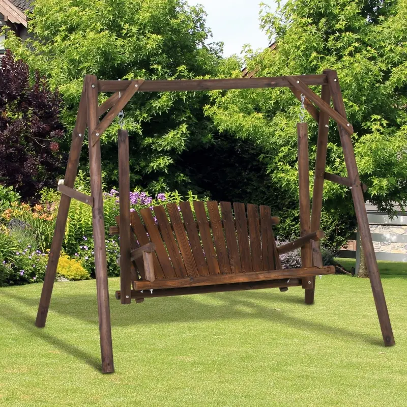 Outsunny 2-Seat Wooden Swing Bench, Ergonomic Design, 'A' Frame Construction, Stable and Non-Slip, Solid Wood Frame Log Garden Swing, for Outdoor and Indoor, Brown