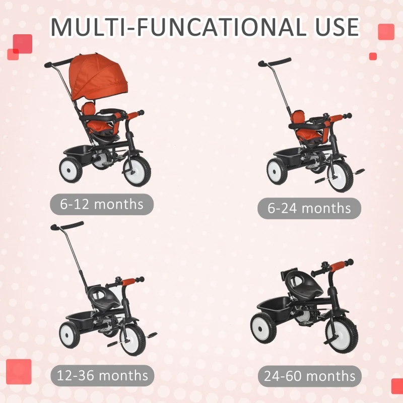 Qaba Baby Tricycle 2 In 1 Trike with Adjustable Canopy Detachable Guardrail Belt for Age 6-60 Months, Red