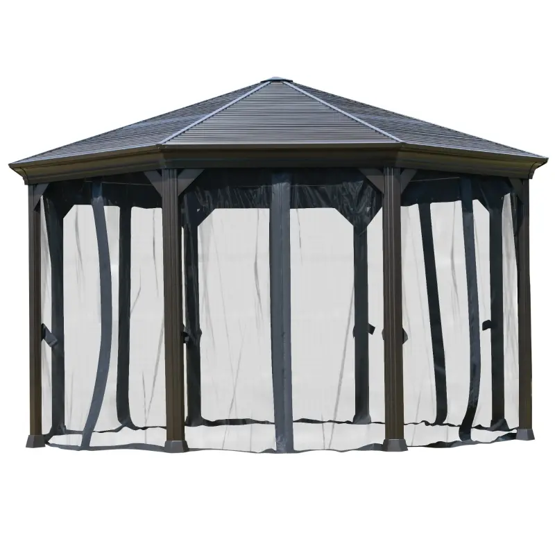 Outsunny 15' x 15' Octagon Hardtop Gazebo with Galvanized Steel Roof, Aluminum Frame, Permanent Pavilion Outdoor Gazebo Canopy with Netting for, Patio, Garden, Backyard, Deck, Lawn, Black