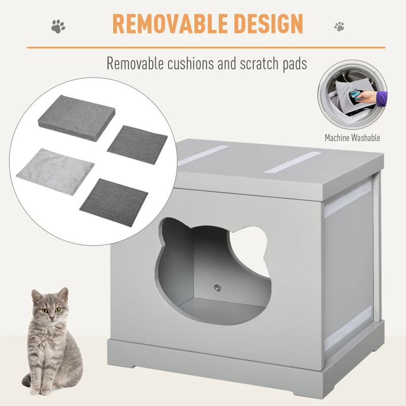 PawHut Wooden Cat Bed Cube House with Soft Padded Cushions, 2 Exterior Scratching Boards, & Interior Space, Grey