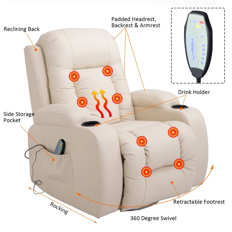 HOMCOM Luxury Faux Leather Heated Vibrating 8 Point Massage Recliner Chair with 360 Swivel and Remote, Cream White