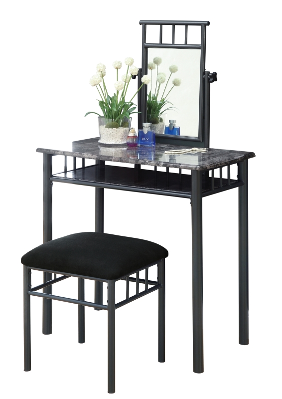 Monarch 2-Piece Modern Marble-Look Top Bronze Metal Frame Vanity Makeup Table Set with Padded Bench Seat and Mirror - Grey Finish