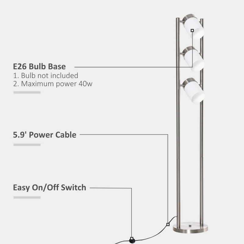 HOMCOM Floor Lamp, Modern Standing Light with 3 Rotating Lights for Living Room, Bedroom, Office, Silver