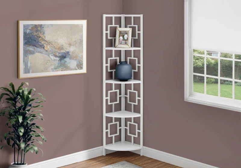 Monarch 62" H Transitional Decorative 4-Tier Corner Etagere Bookcase - White / White Metal