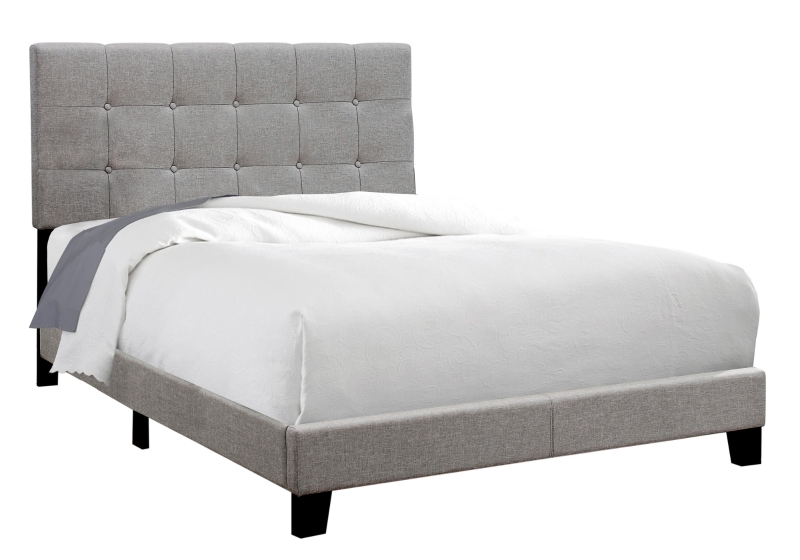 Monarch Full Size Contemporary Upholstered Bed Frame with Tufted Headboard and Wood Legs - Grey Linen Look
