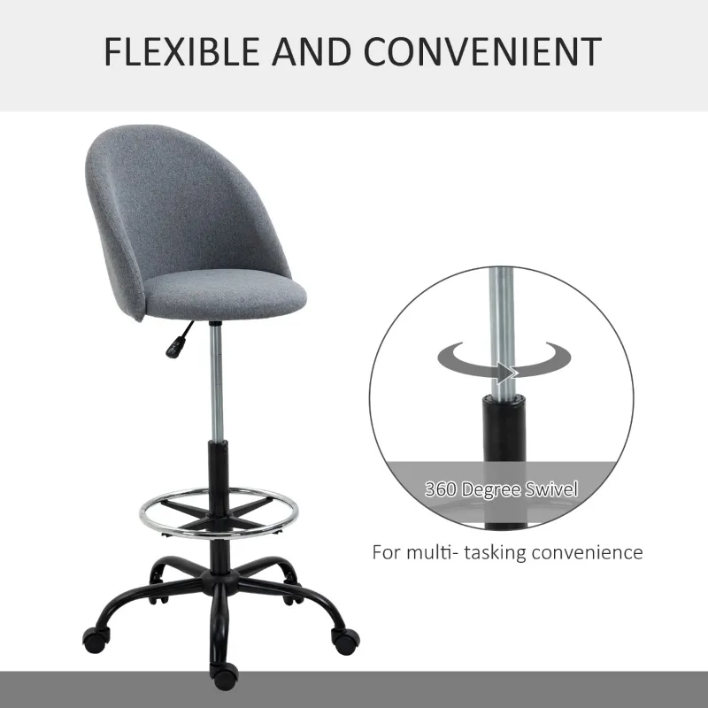 Vinsetto Ergonomic Rolling Drafting Chair for Standing Desk, Linen Office Stool with Adjustable Foot Ring and Steel Base