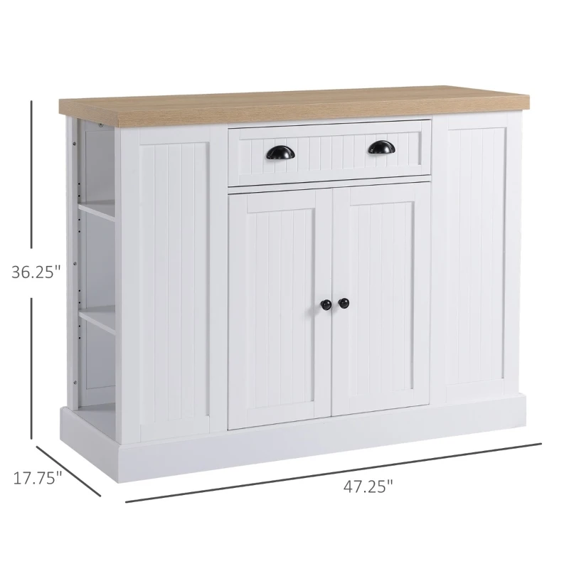 HOMCOM Fluted-Style Wooden Kitchen Island, Storage Cabinet with Drawer, Open Shelving, and Interior Shelving for Dining Room, White