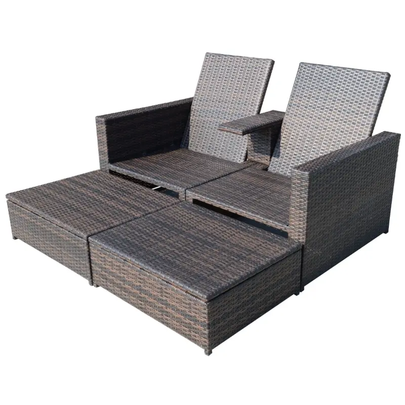 Outsunny Outdoor Patio Loveseat Set, 3 Piece PE Wicker Furniture with 2 Seats, Built-in Table, 2 Ottoman Storage Bins, All-Weather Reclining Lounge, Cushions, Brown
