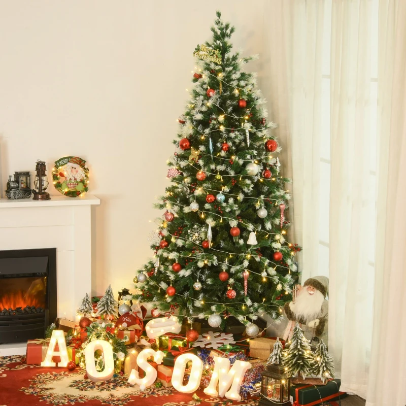 HOMCOM Artificial Christmas Tree, 7' Tall Unlit Snow-Flocked Fir with Realistic Branches, Red Berries and 1172 Tips