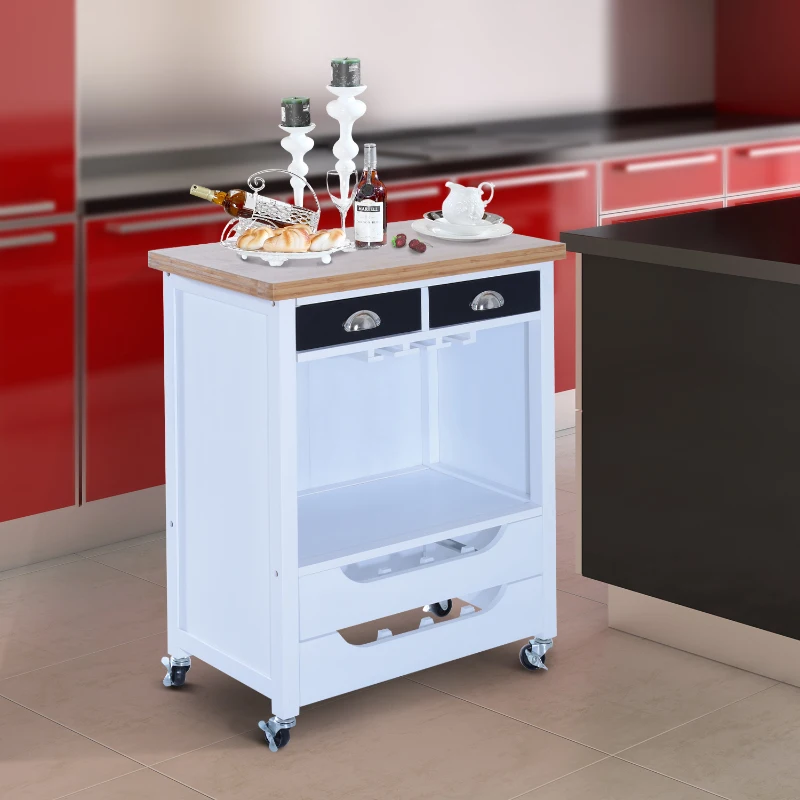 HomCom 34” Kitchen Island Rolling Cart With Wine Rack Drawers and 9 Glass Stemware Storage