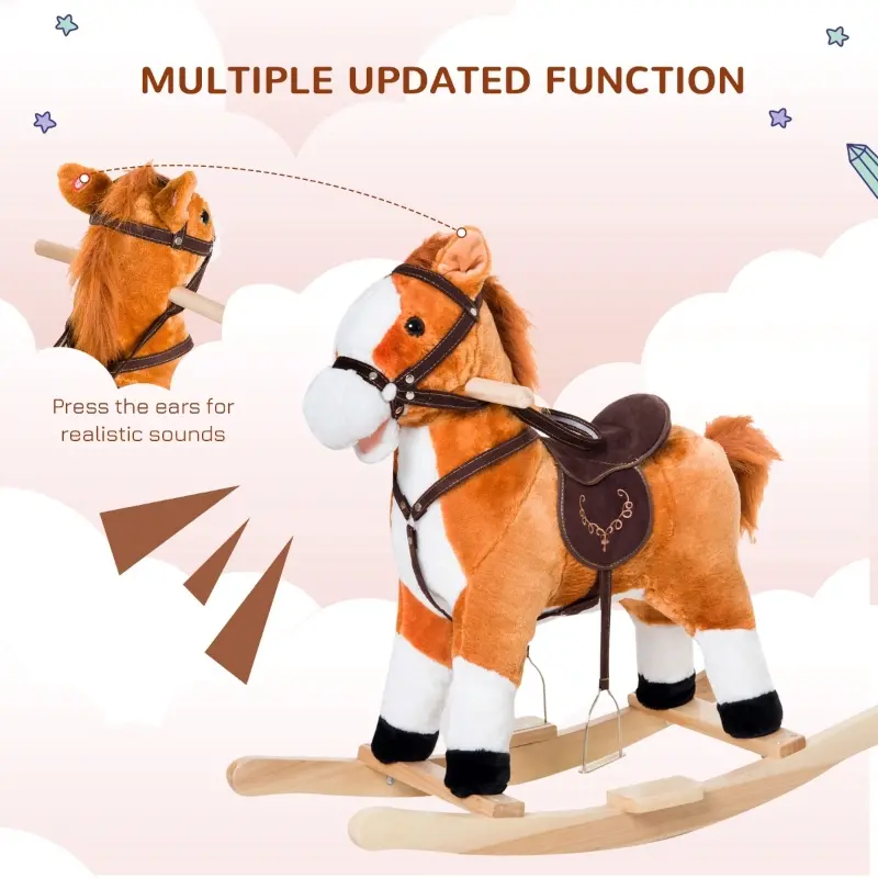 Qaba Kids Plush Toy Rocking Horse, Wooden Ride-on Chair, Plush Animal Rocker with Realistic Sounds and Moving Tail for Toddlers, Brown
