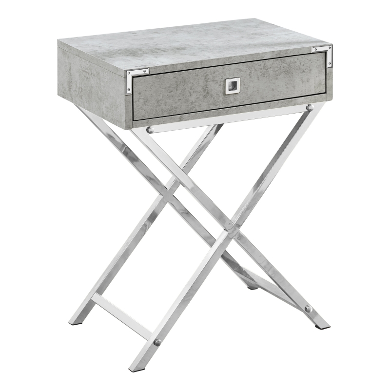 Monarch 24" Contemporary Accent Side End Table with Large Storage Drawer and Metal X-Design Legs - Grey Cement-Look / Chrome Metal Legs