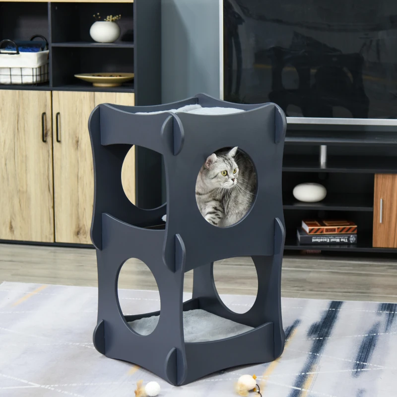 Pawhut Multi-level Wooden Cat House Kitten Bed Furniture with Removable Soft Cushion for Rest, Dark Grey